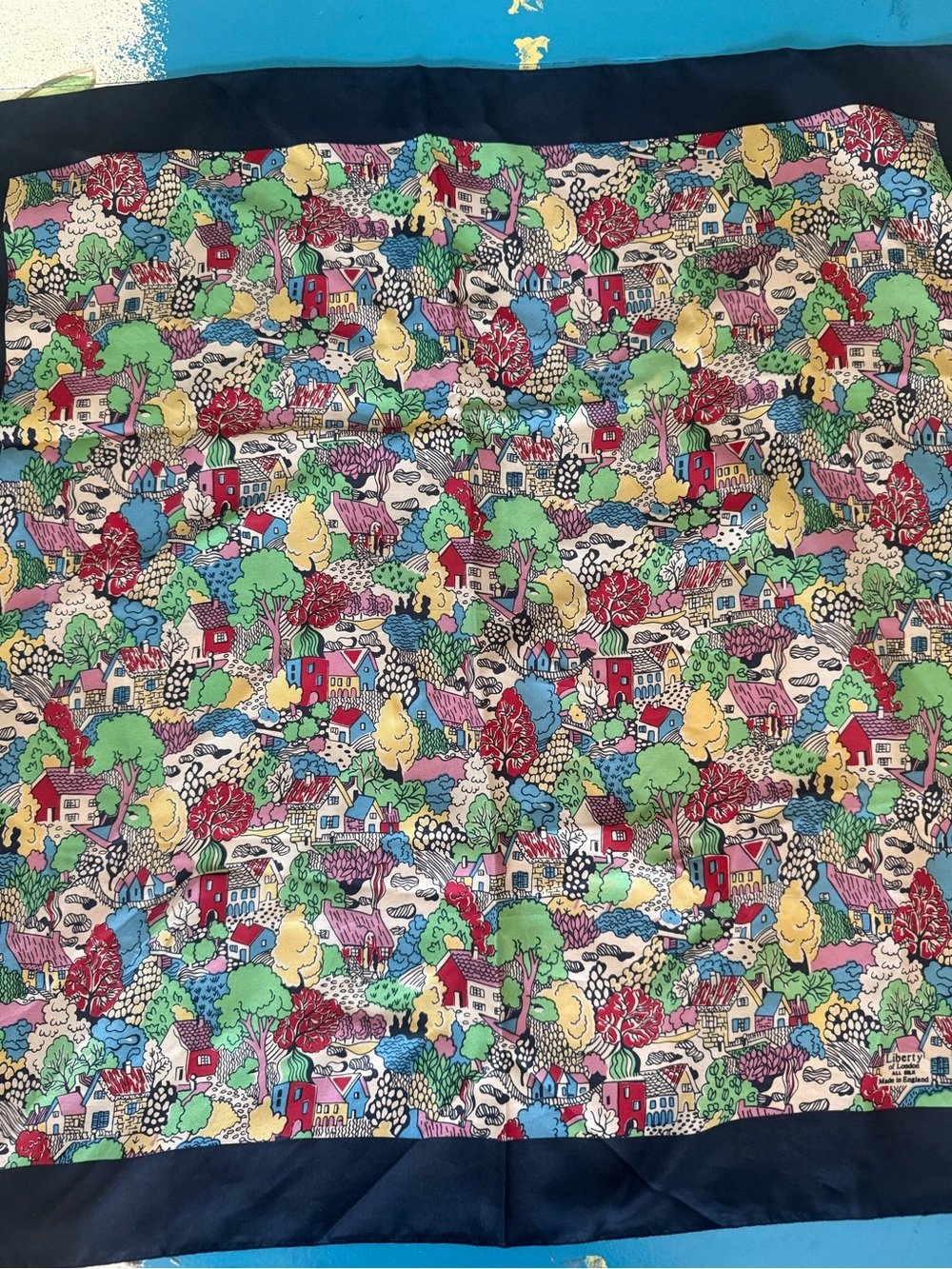 Liberty of London Silk Scarf w/ Colorful Village Scene & Black Border - Picture 8 of 10